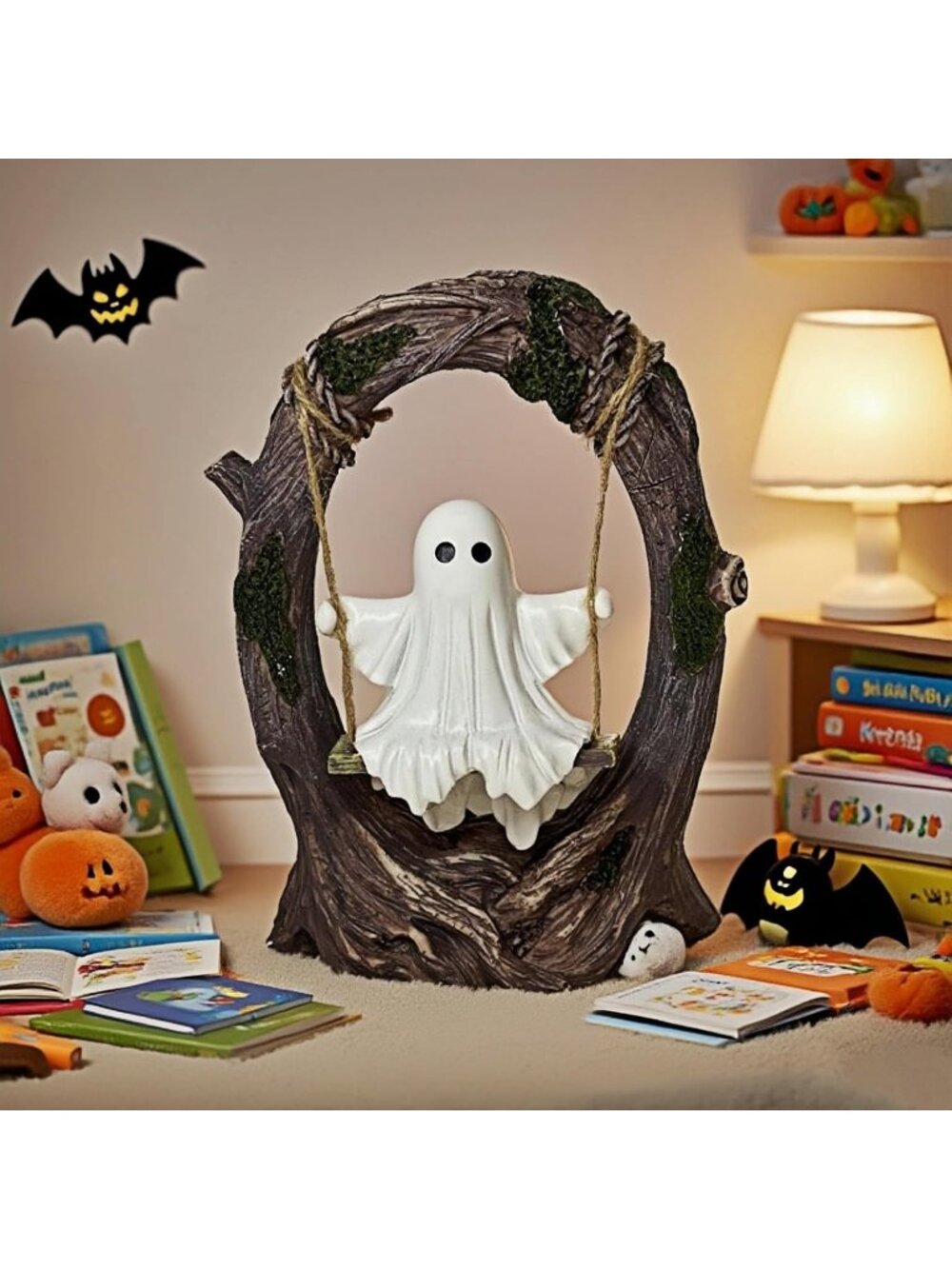 Swinging Ghost on Tree Swing Figurine Cute Halloween Indoor Outdoor Garden Decor - Picture 7 of 7